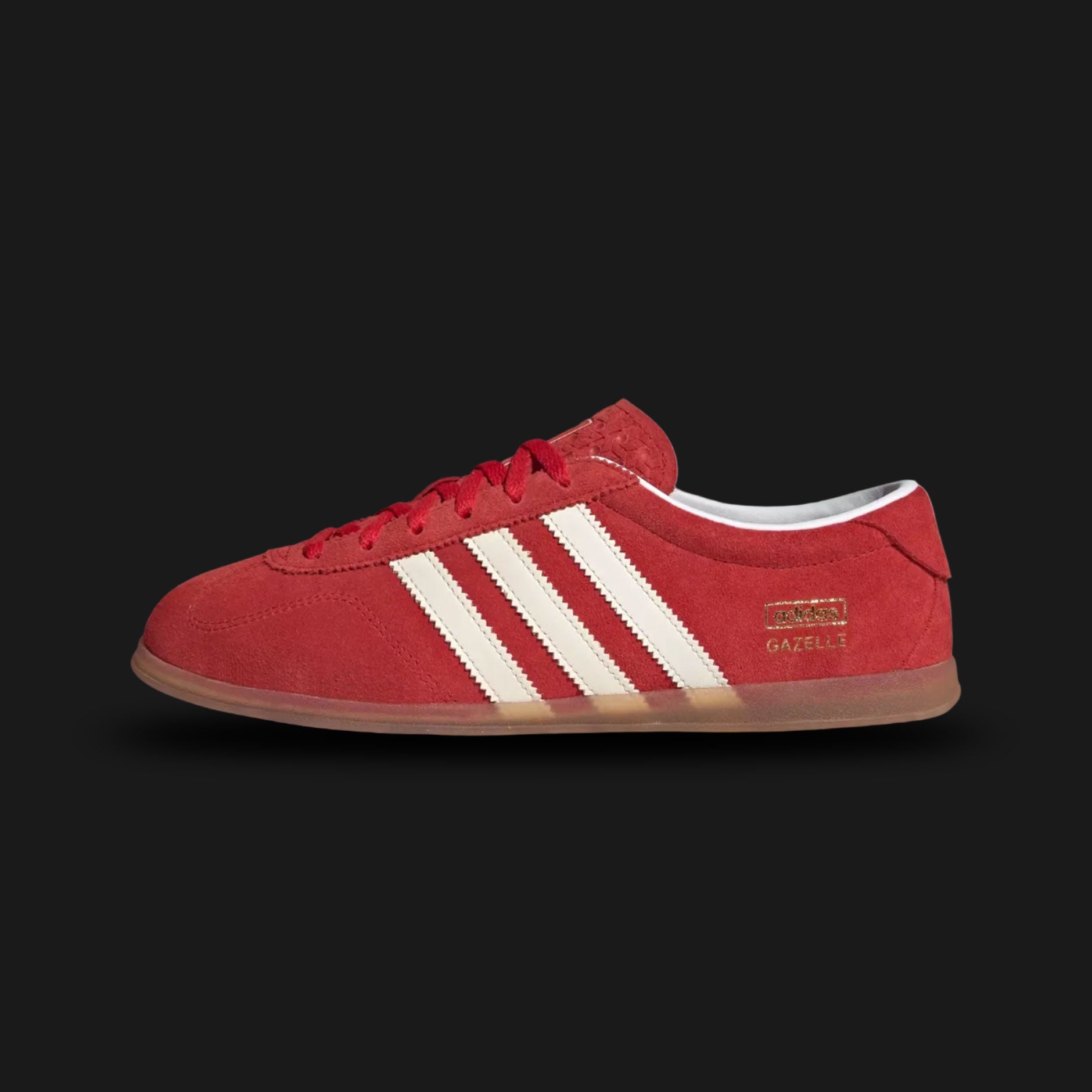 Adidas Gazelle Lo Pro shoes in Better Scarlet, Cloud White, and Gum (JR5744). Features a premium vibrant scarlet red suede upper with crisp white leather Three Stripes and gold foil branding. Ultra-low profile design with a classic gum rubber outsole. Luxuntique offers 100% authentic Adidas in Sri Lanka.