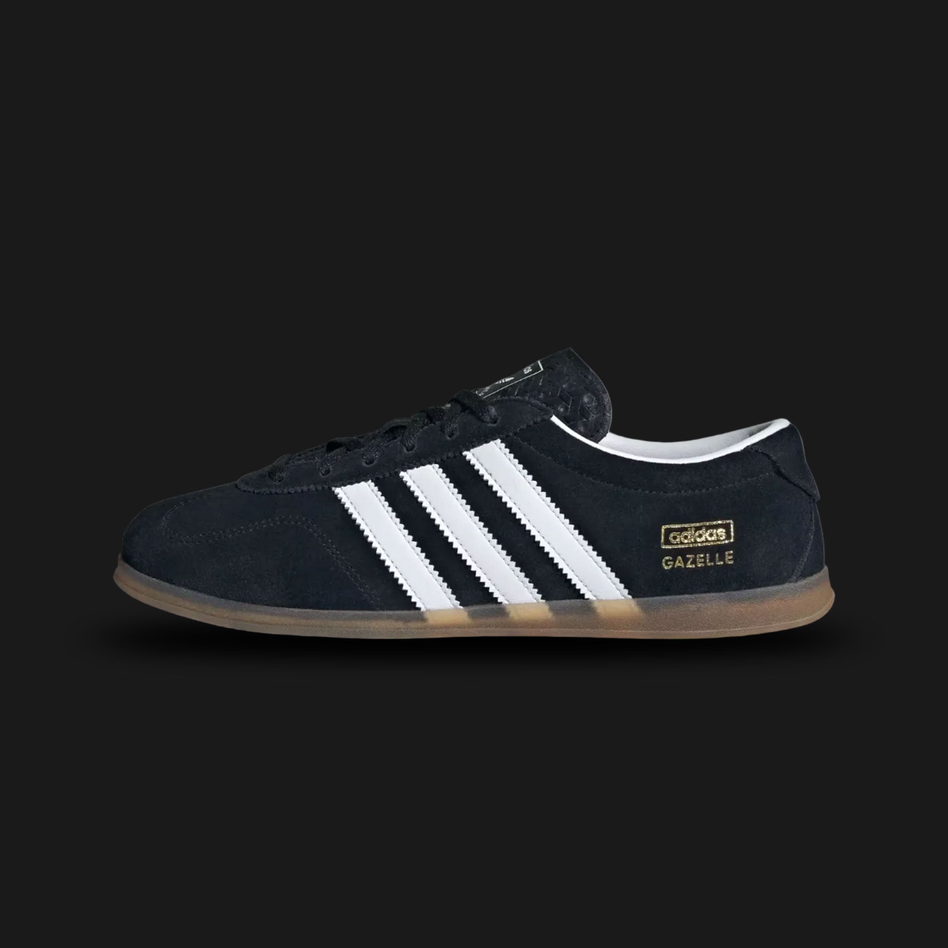 Adidas Gazelle Lo Pro shoes in Core Black, Cloud White, and Gum (JR8886). Features a premium black suede upper with crisp white leather Three Stripes and metallic gold branding. Designed with an ultra-low profile gum rubber outsole for a sleek, minimal aesthetic. Luxuntique offers 100% authentic Adidas in Sri Lanka.