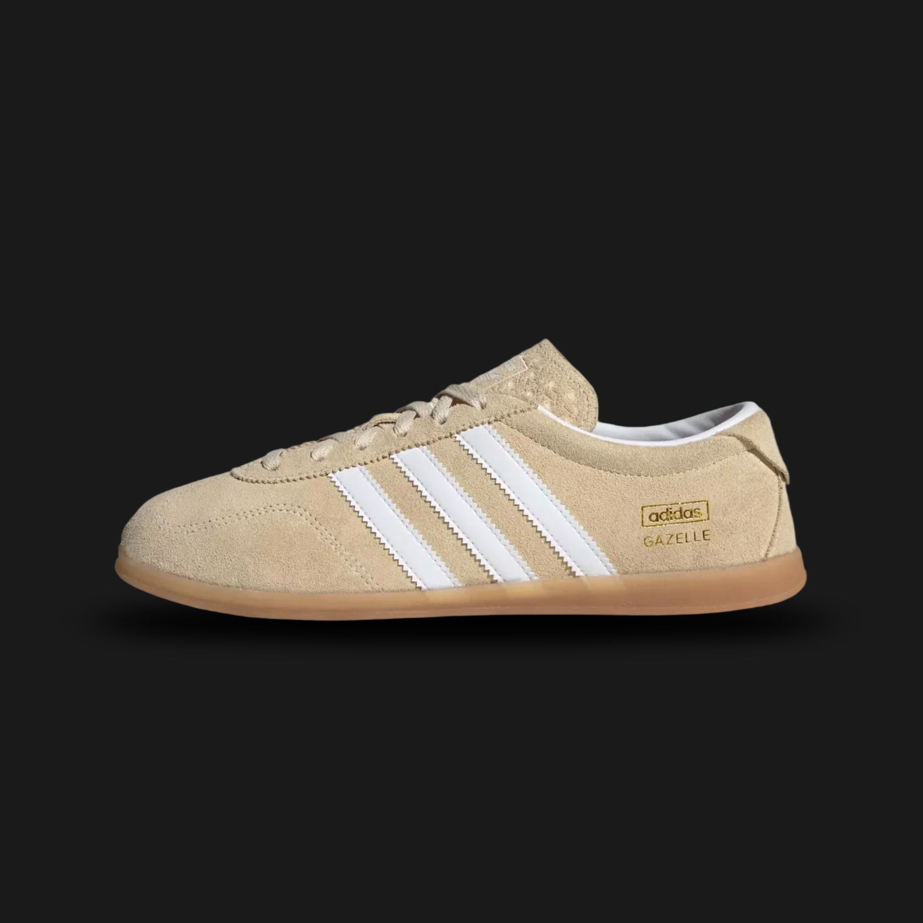 Adidas Gazelle Lo Pro shoes in Sand Strata, Cloud White, and Gum (JR8889). Features a premium Sand Strata tan suede upper with crisp white leather Three Stripes and gold foil branding. Designed with a streamlined, ultra-low profile gum rubber outsole. Luxuntique offers 100% authentic Adidas in Sri Lanka.