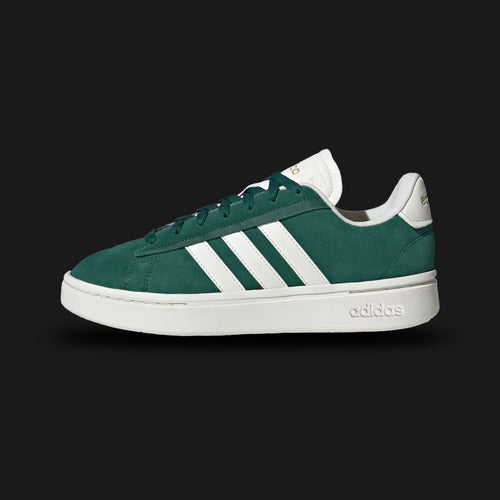 Adidas Grand Court Alpha shoes in Collegiate Green, Off White, and Gold Metallic (ID8853). Features a chunky retro profile with a premium leather upper, clean stitched overlays, a cushioned Cloudfoam comfort midsole, and a rubber cupsole. Luxuntique guarantees 100% authentic footwear in Sri Lanka.