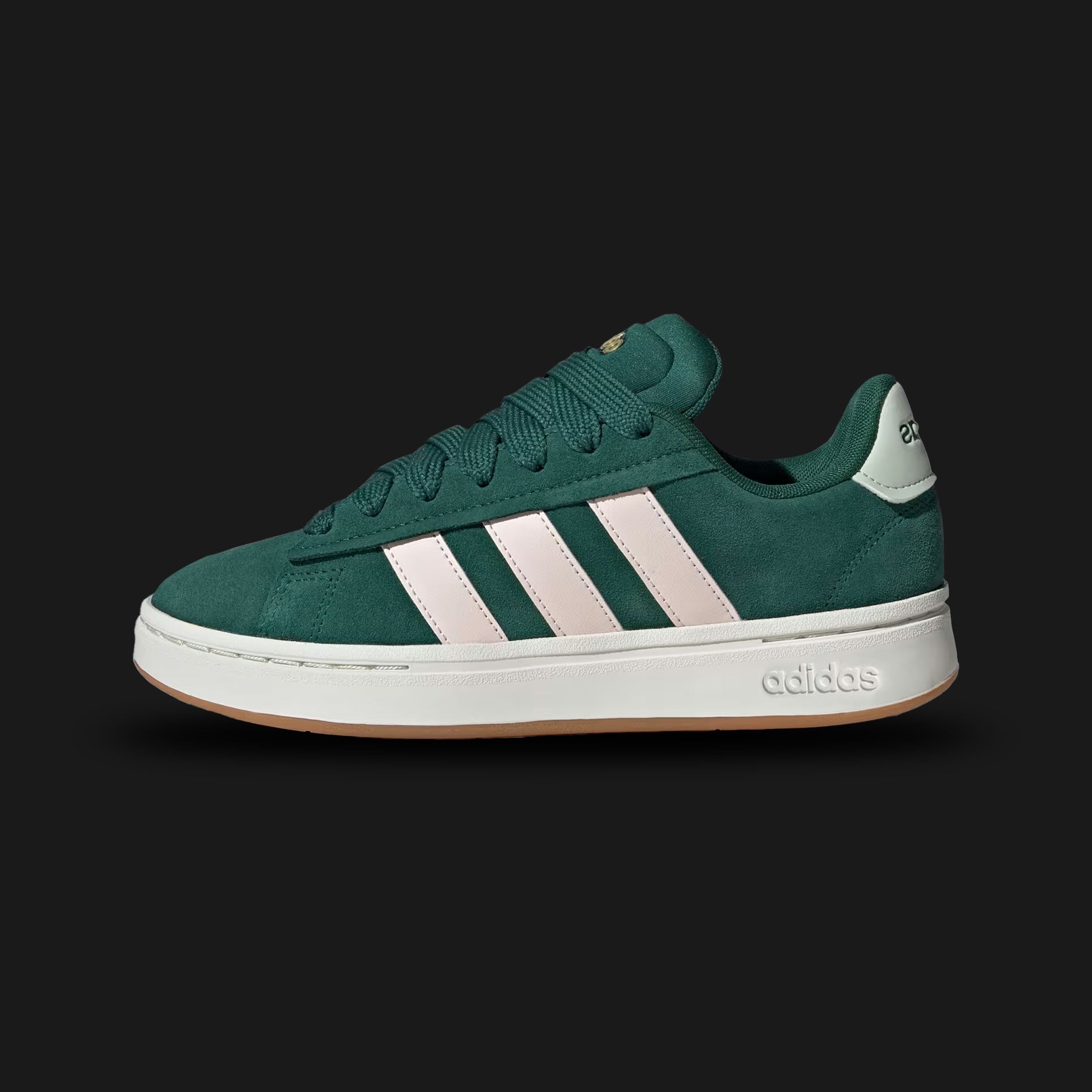 Adidas Grand Court Alpha shoes in Collegiate Green, Wonder Quartz, and Linen Green (JI1715). Features a chunky retro profile with a soft faux leather upper, pale pink Three-Stripes, a cushioned Cloudfoam midsole, and rubber outsole. Luxuntique guarantees 100% authentic footwear in Sri Lanka.