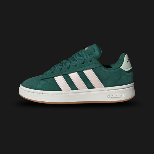 Adidas Grand Court Alpha shoes in Collegiate Green, Wonder Quartz, and Linen Green (JI1715). Features a chunky retro profile with a soft faux leather upper, pale pink Three-Stripes, a cushioned Cloudfoam midsole, and rubber outsole. Luxuntique guarantees 100% authentic footwear in Sri Lanka.