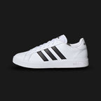 Adidas Grand Court TD Lifestyle Court shoes in Cloud White and Core Black (GW9250). Features a crisp Cloud White synthetic leather upper inspired by classic 1970s tennis footwear. Includes the iconic Core Black 3-Stripes on the sides, subtle Adidas branding on the heel and tongue, and a durable stitched rubber cupsole. Luxuntique guarantees 100% authentic Adidas footwear in Sri Lanka.