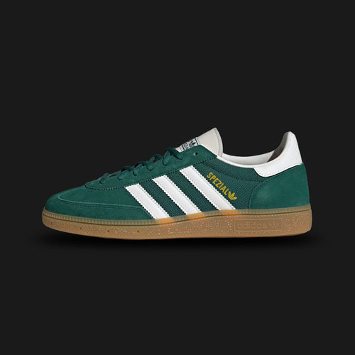 Adidas Handball Spezial shoes in Collegiate Green, Cloud White, and Chalk White (JH5438). Features a classic retro T-toe profile with a premium suede upper, crisp leather Three-Stripes, and a durable low-profile gum rubber outsole. Luxuntique guarantees 100% authentic "Adidas" footwear in Sri Lanka.