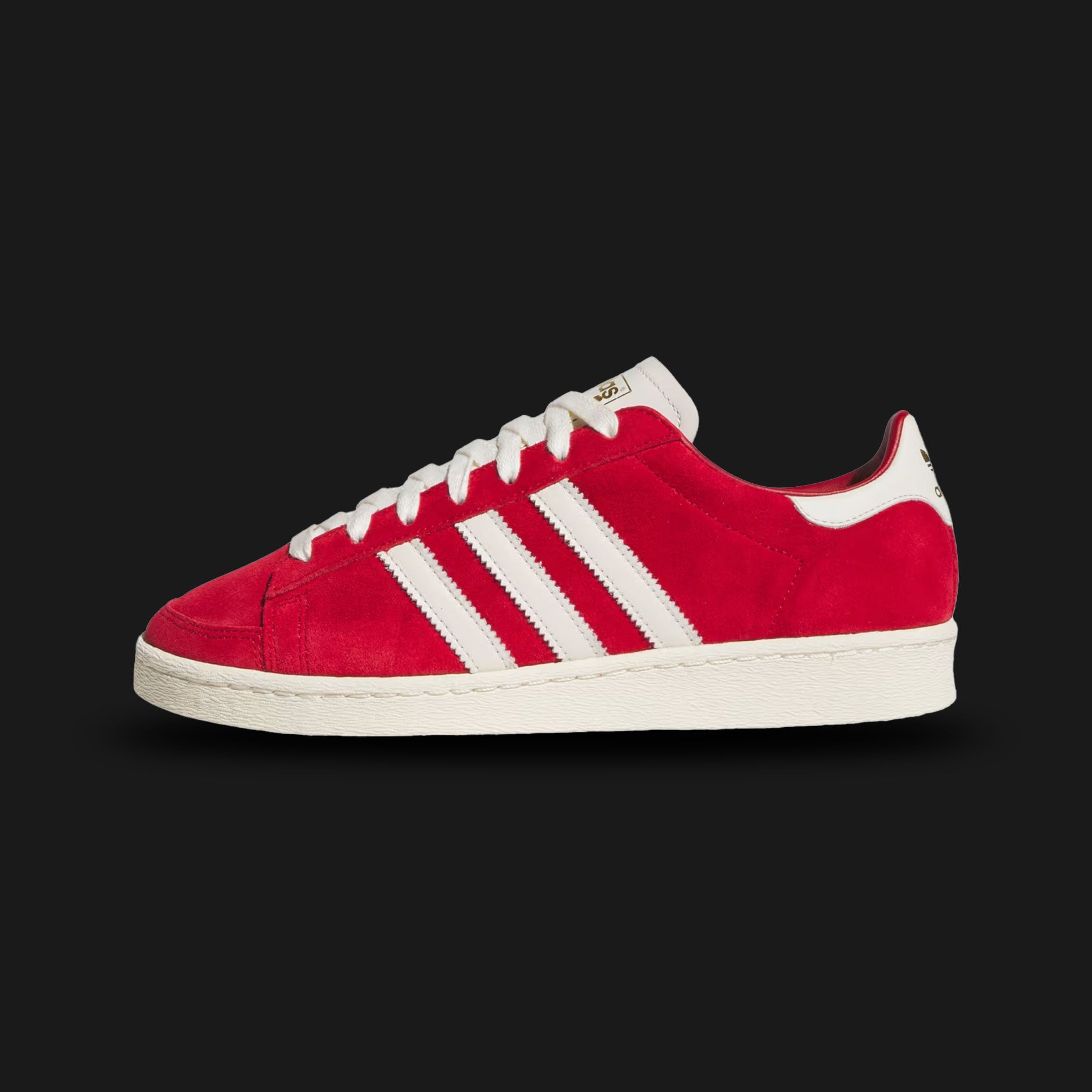 Adidas Kareem Abdul-Jabbar Lo shoes in Team Power Red, Cream White, and Gold Metallic (JI3431). Features a vintage basketball low-profile silhouette with a premium smooth leather upper, vintage finish rubber cupsole, and gold leaf foil branding. Luxuntique guarantees 100% authentic footwear in Sri Lanka.