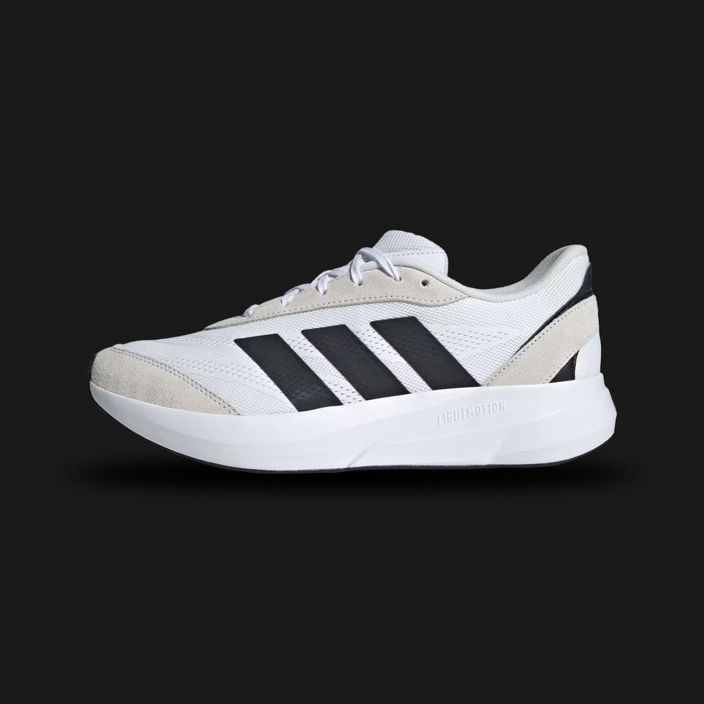Adidas Lightshift shoes in Cloud White and Core Black (JH9317). Features a lightweight breathable textile upper, seamless black 3-Stripes branding, an ultra-responsive cushioned foam midsole, and a durable traction rubber outsole. Luxuntique guarantees 100% authentic footwear.