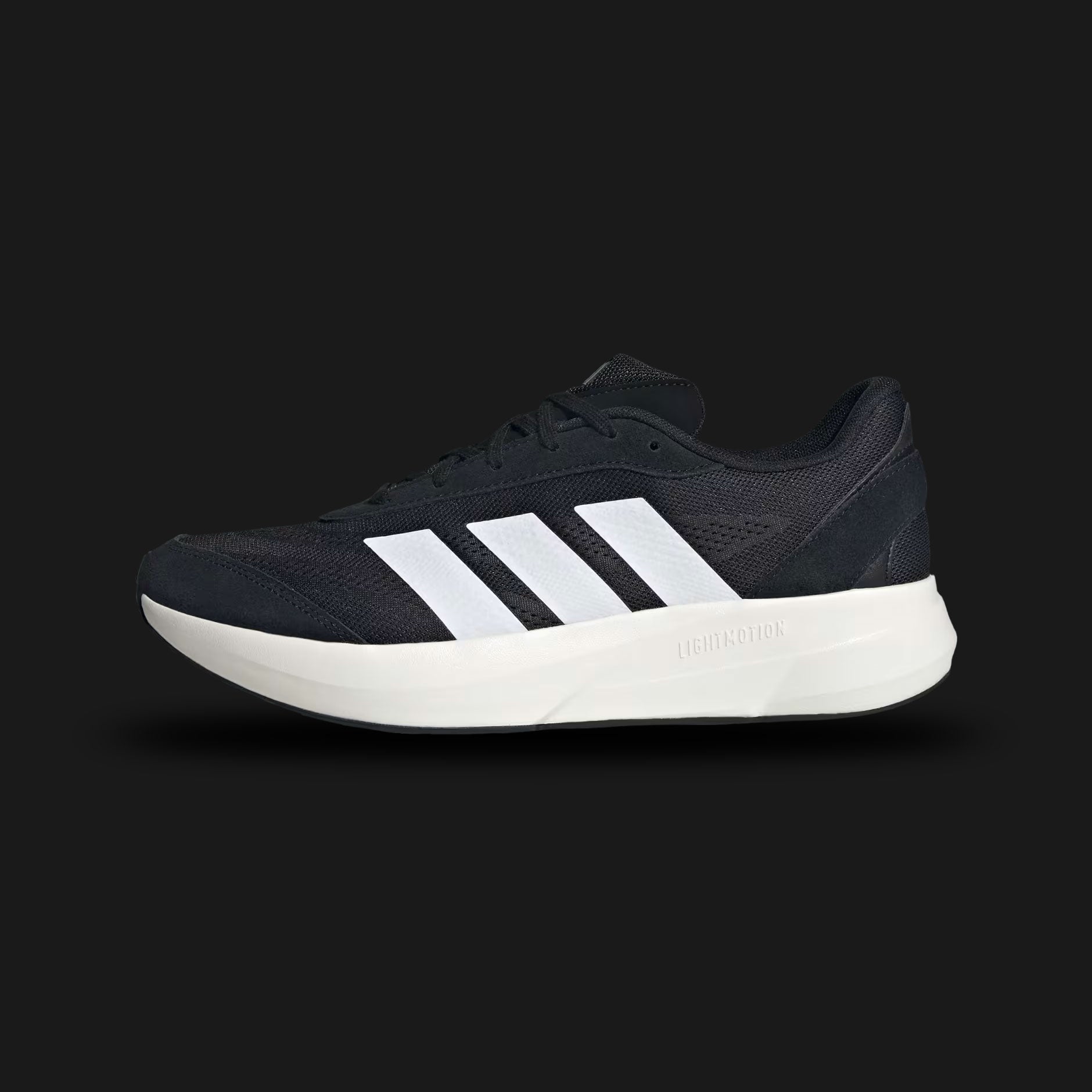 Adidas Lightshift shoes in Core Black, Cloud White, and Core White (JH9315). Features a lightweight breathable textile upper, seamless contrast 3-Stripes, an ultra-responsive cushioned foam midsole, and a durable traction rubber outsole. Luxuntique guarantees 100% authentic footwear.