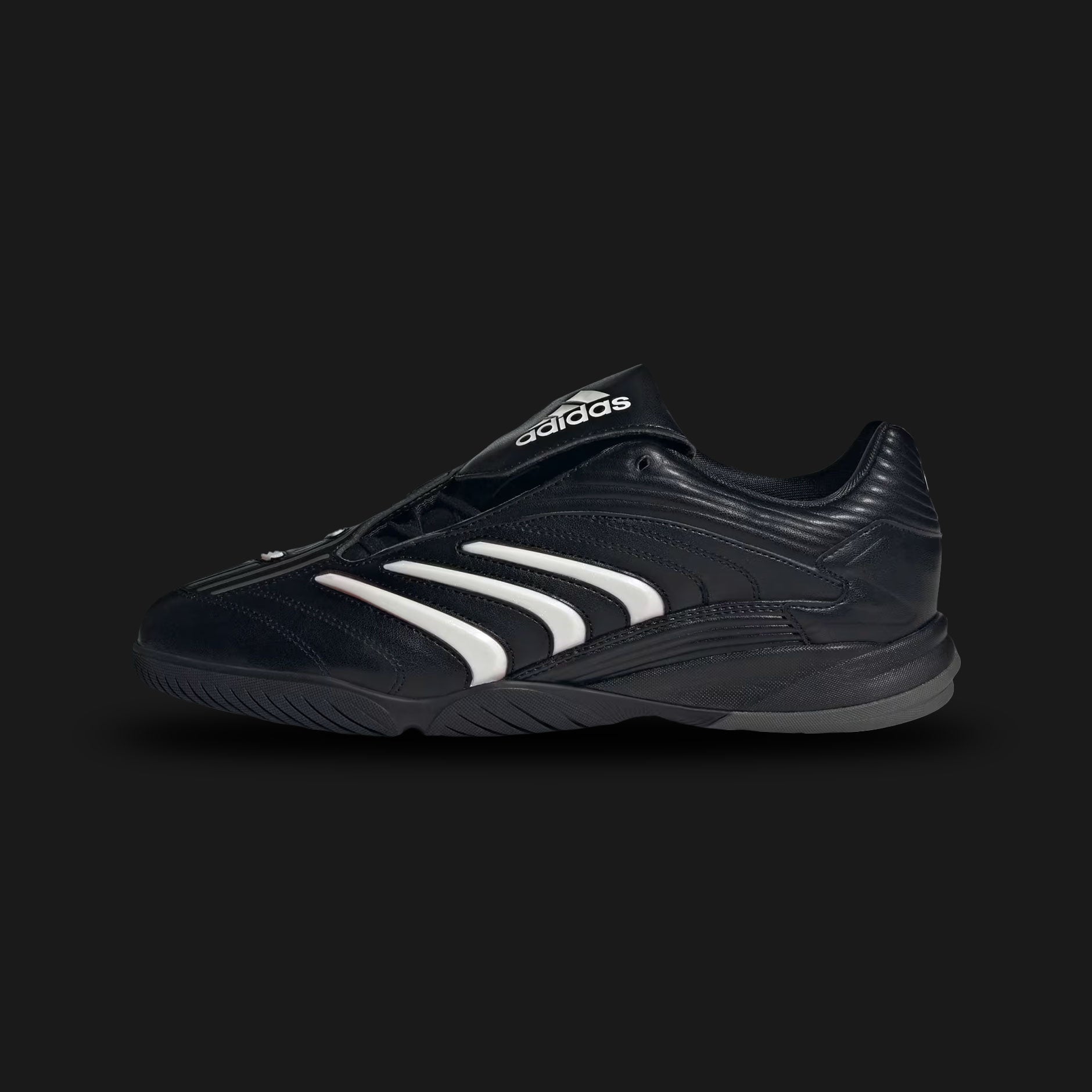 Adidas Predator Sala shoes in Core Black, Zero Metallic, and Lucid Red (JQ3916). Features a performance futsal design with a breathable mesh upper, durable synthetic overlays, soft cushioning, and a non-marking rubber outsole. Luxuntique guarantees 100% authentic footwear in Sri Lanka.