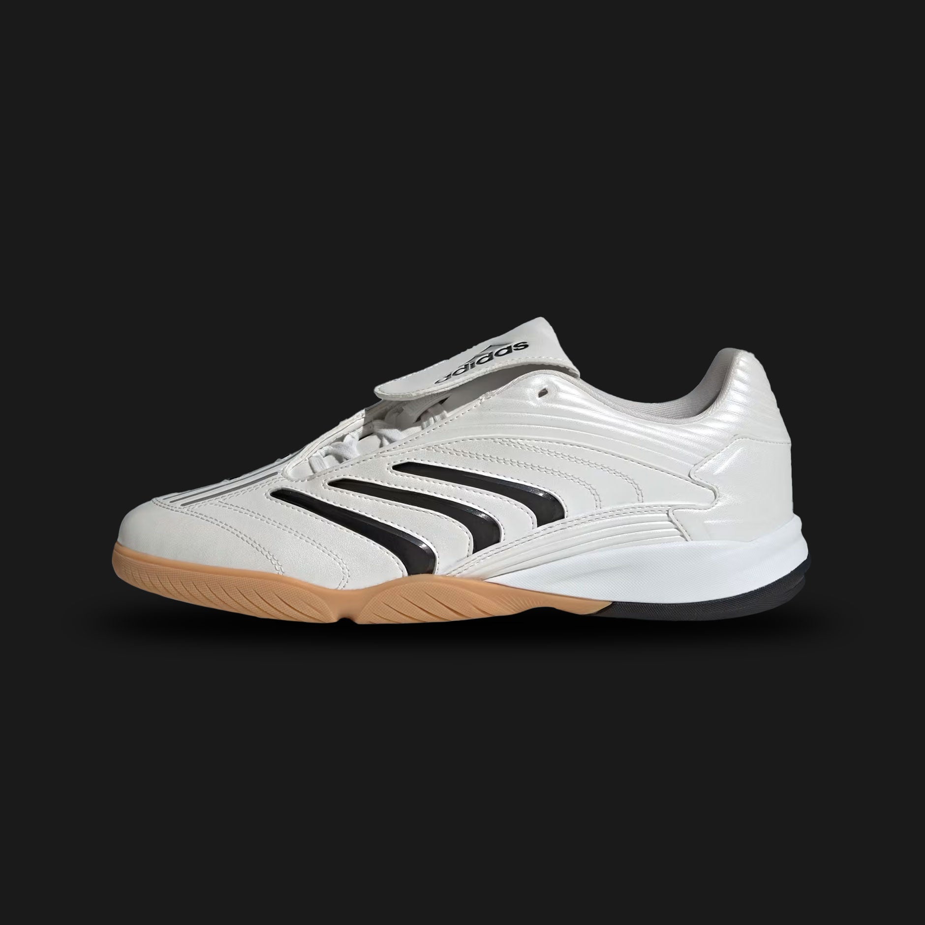 Adidas Predator Sala shoes in Zero Metallic, Core Black, and Gum (JQ3915). Features a hybrid futsal mesh upper with metallic overlay paneling, a cushioned low-profile midsole, and a non-marking gum rubber outsole. Luxuntique guarantees 100% authentic footwear in Sri Lanka.