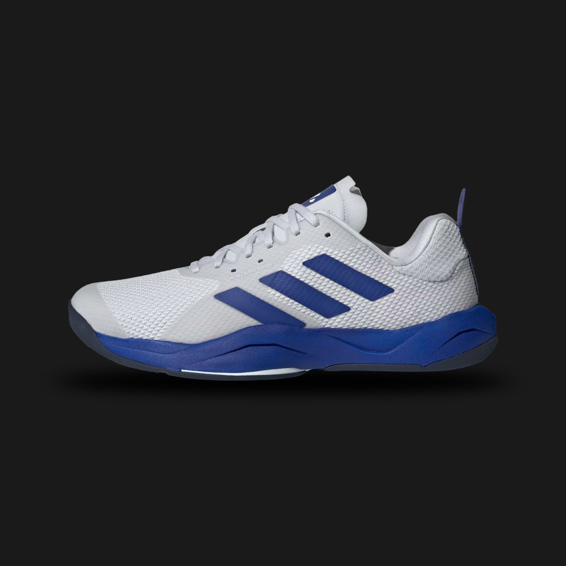 Adidas Rapidmove Training Shoes in Dash Grey, Lucid Blue, and Dark Blue (ID8651). Features a lightweight engineered mesh upper for HIIT and high-intensity workouts. Includes a full-length Lightstrike midsole for explosive energy return and an asymmetrical Torsion System for lateral stability. Multi-directional rubber outsole. Luxuntique offers 100% authentic Adidas in Sri Lanka.