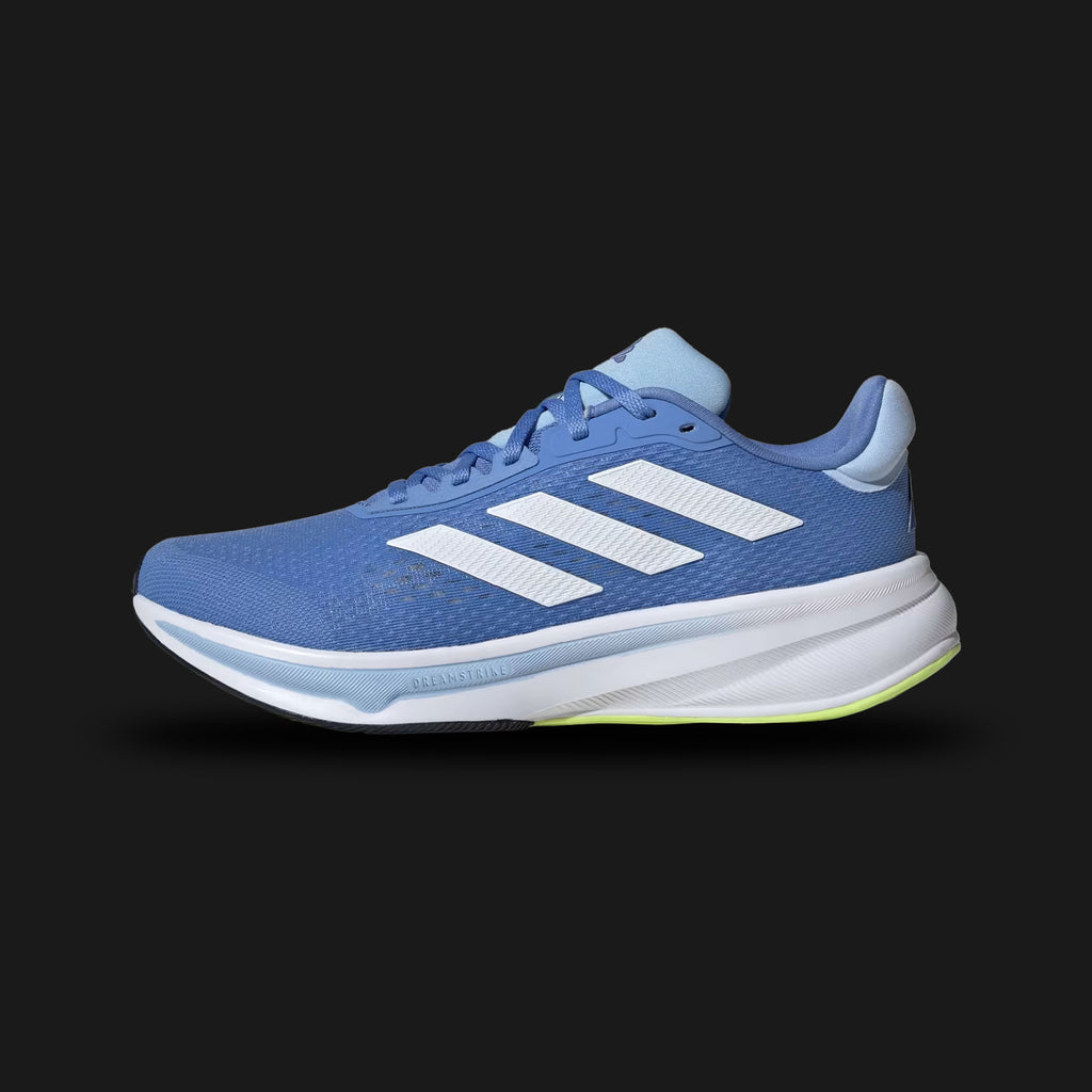 Adidas Response Super shoes in Blue Fusion, Cloud White, and Glow Blue (JQ2527). Features a breathable engineered mesh upper, supportive TPU heel structure, high-rebound hybrid cushioning foam midsole, and a durable rubber outsole. Luxuntique guarantees 100% authentic footwear.