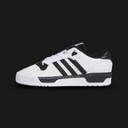 Adidas Rivalry Low shoes in Cloud White and Core Black (IG1474). Features a retro 80s basketball-inspired premium leather upper, perforated toe box details, and a durable stitched rubber cupsole. Luxuntique guarantees 100% authentic "Adidas" performance footwear in Sri Lanka.