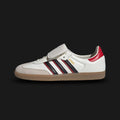 Adidas Samba LT shoes in Cloud White, Core Black, and Better Scarlet (JQ5124). Features a football-inspired premium mesh upper with soft suede overlays, a distinctive oversized fold-over tongue, and a classic low-profile gum rubber outsole. Luxuntique guarantees 100% authentic footwear in Sri Lanka.