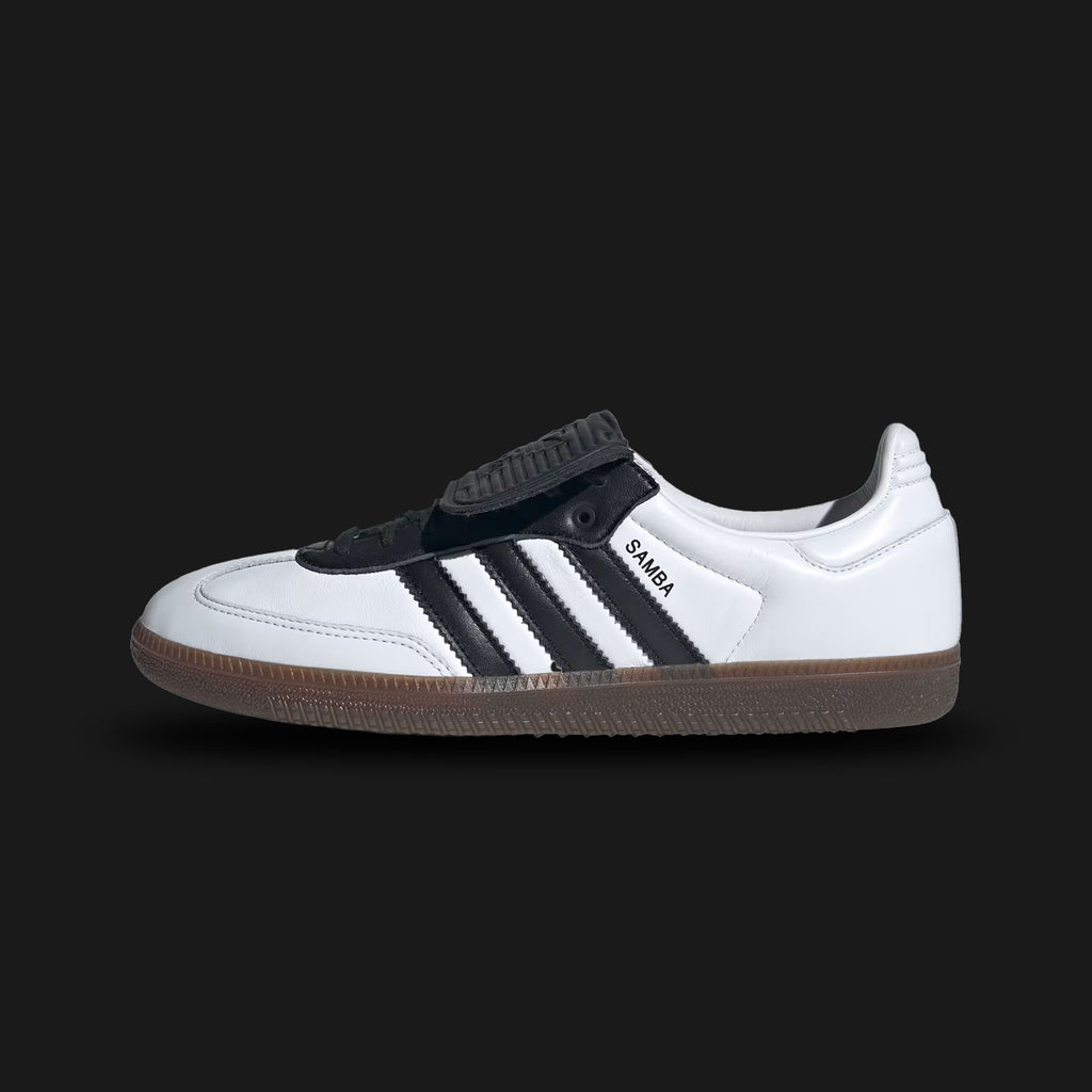 Adidas Samba LT shoes in Cloud White, Core Black, and Gum (JI3199). Features a football-inspired premium mesh upper with soft suede overlays, a distinctive oversized fold-over tongue, and a classic low-profile gum rubber outsole. Luxuntique guarantees 100% authentic footwear in Sri Lanka.