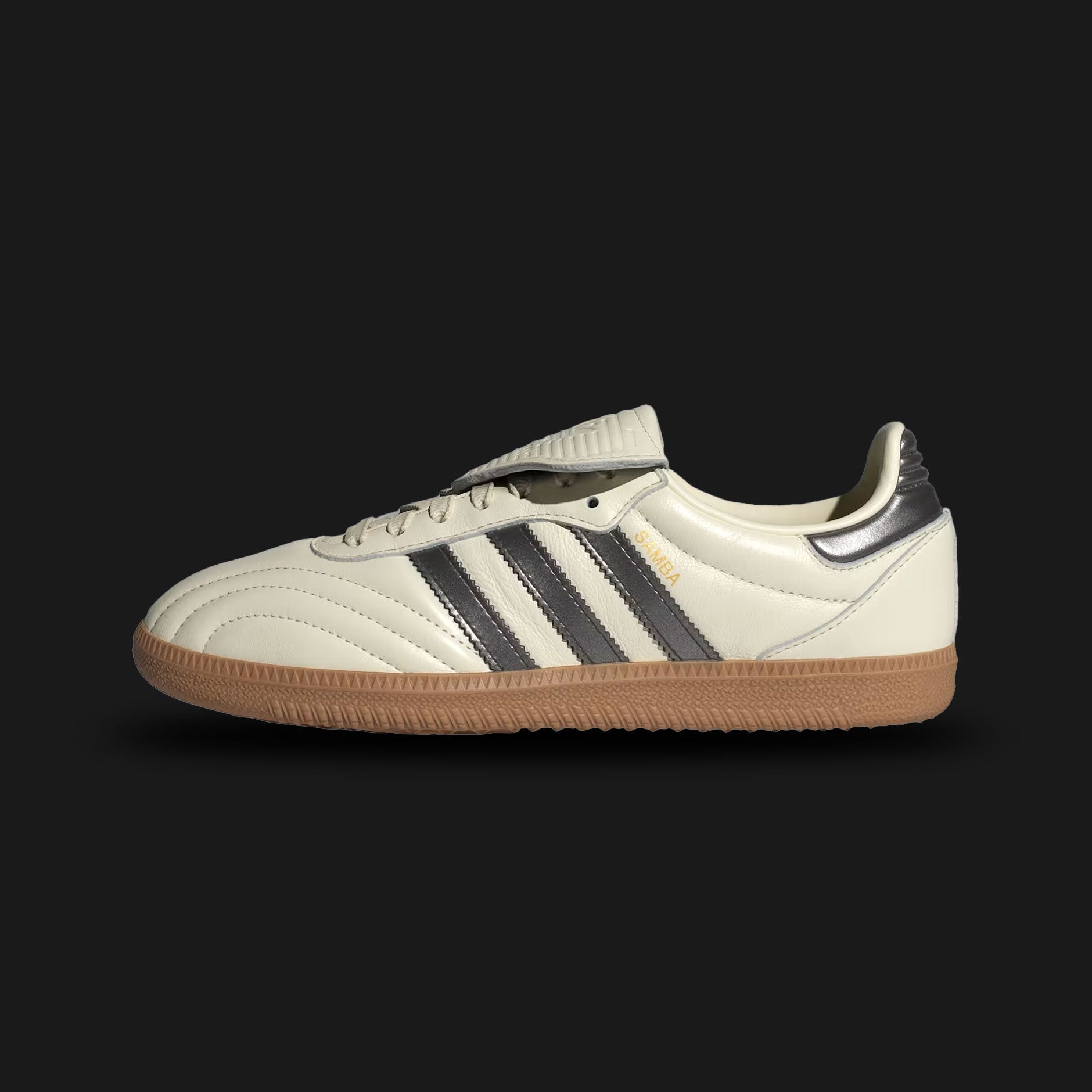 Adidas Samba LT shoes in Cream White, Core Black, and Gum (JP6143). Features an 1980s-inspired football silhouette with a premium smooth leather upper, a distinctive oversized fold-over tongue, vintage stitch lines, and a durable gum rubber outsole. Luxuntique guarantees 100% authentic footwear in Sri Lanka.