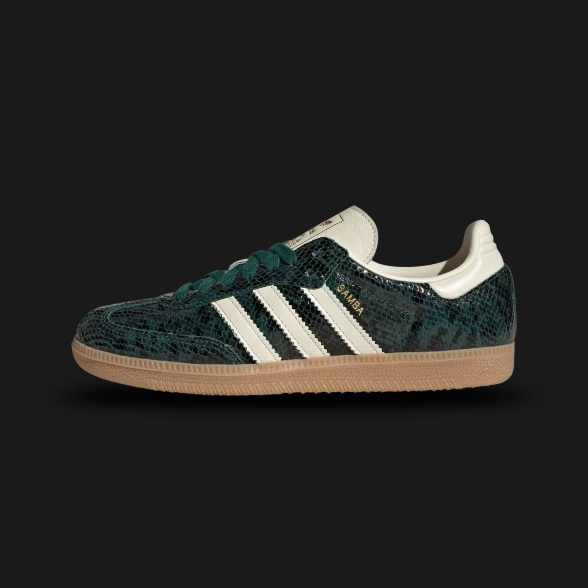 Adidas Samba OG shoes in Cream White, Collegiate Green, and Gum (Design Code: JR8848). Featuring a premium cream leather upper, a contrast Collegiate Green T-toe suede overlay and three-stripes, and a signature gum rubber outsole. Luxuntique offers 100% authentic Adidas Samba OG sneakers at the lowest price in Sri Lanka.