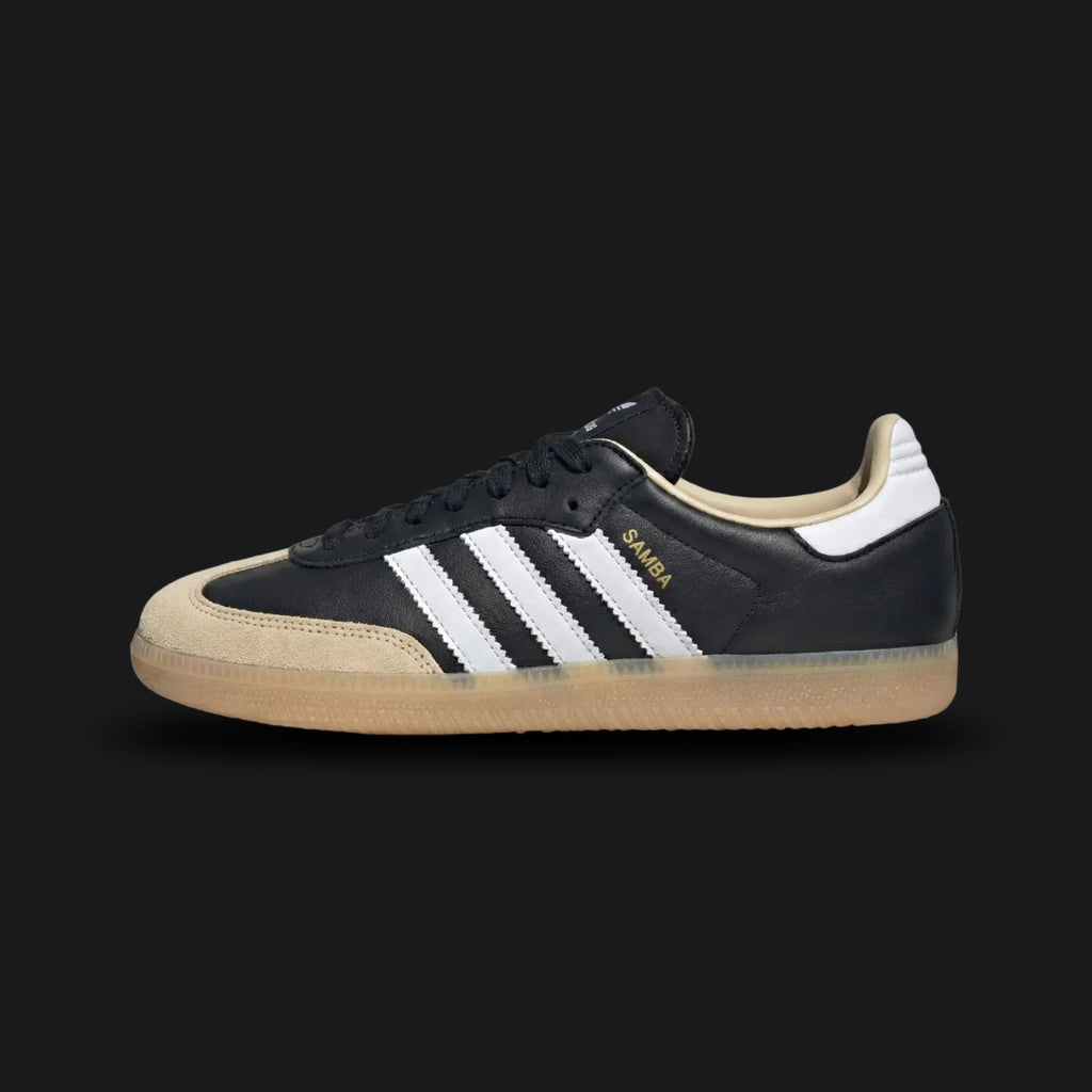 Adidas Samba OG shoes in Core Black, Cloud White, and Gum (Design Code: JS3832). Featuring a premium black leather upper, a classic grey suede T-toe overlay, and contrast white leather three-stripes. Finished with a signature dark gum rubber outsole for heritage style. Luxuntique offers 100% authentic Adidas Samba sneakers at the lowest price in Sri Lanka.
