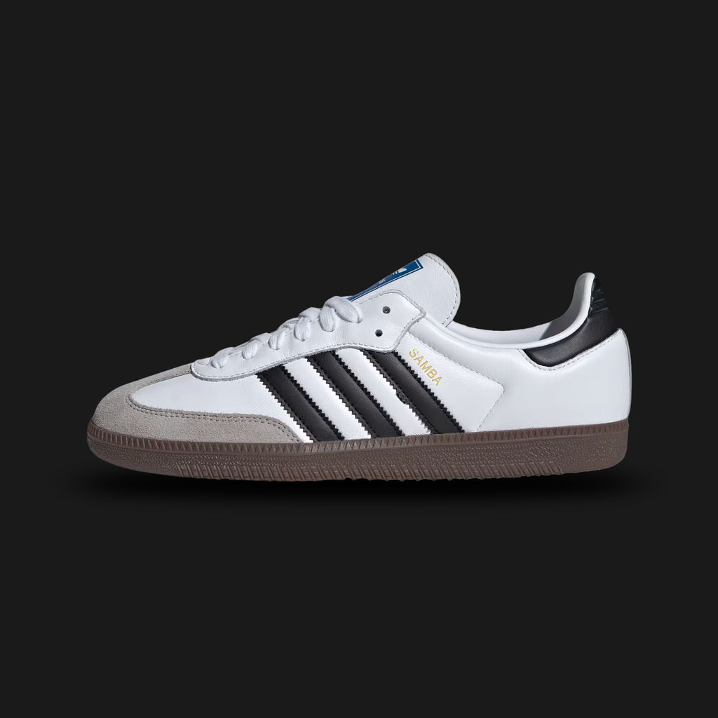 Adidas Samba OG shoes in Cloud White, Core Black, and Clear Granite (B75806). Features a full-grain leather upper, suede T-toe overlay, contrasting serrated 3-Stripes, and an iconic gum rubber outsole. Luxuntique guarantees 100% authentic footwear.
