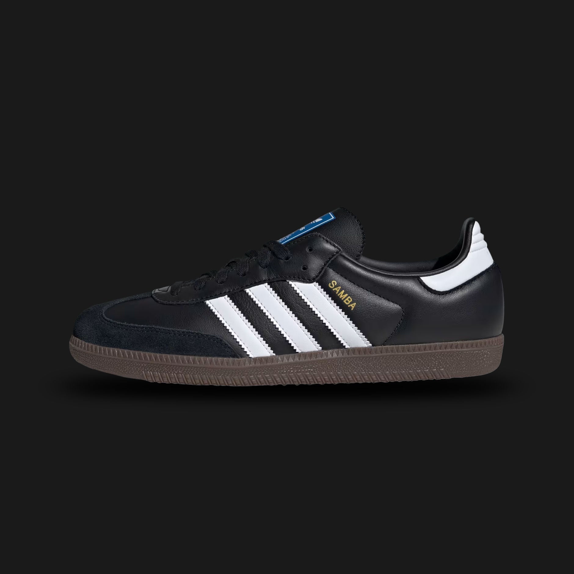 Adidas Samba OG shoes in Core Black, Cloud White, and Gum (B75807). Features a full-grain leather upper, suede T-toe overlay, contrasting serrated 3-Stripes, and an iconic gum rubber outsole. Luxuntique guarantees 100% authentic footwear.