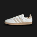 Adidas Samba OG shoes in Core White, Wonder White, and Magic Beige (IG1376). Features a classic low-profile terrace profile with a soft nylon upper, premium calf suede overlays, and a classic translucent gum rubber outsole. Luxuntique guarantees 100% authentic footwear in Sri Lanka.