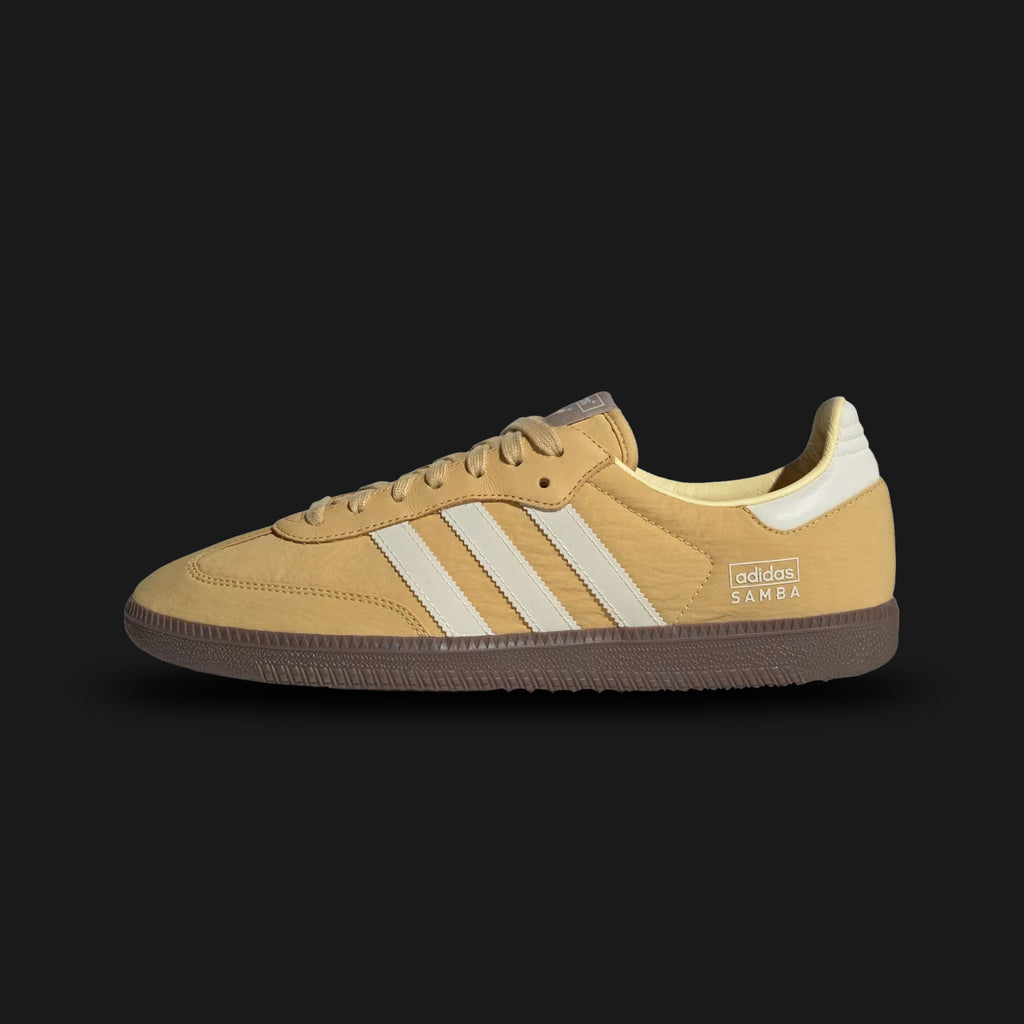 Adidas Samba OG shoes in Oat, Wonder White, and Gum (IG6170). Features a premium nylon upper with soft calf suede overlays, distinctive reflective Three-Stripes panels, and a chocolate brown gum rubber outsole. Luxuntique guarantees 100% authentic footwear in Sri Lanka.