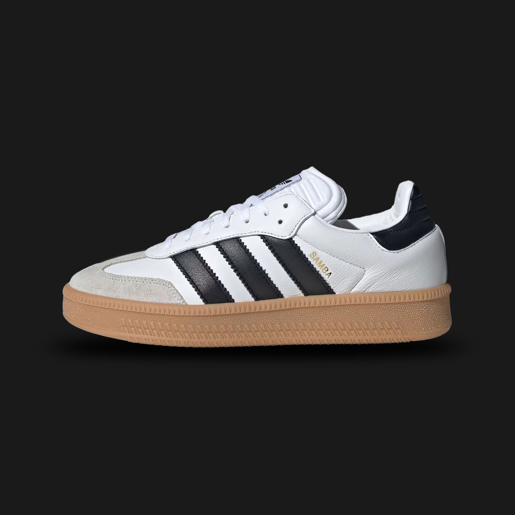 Adidas Samba XLG shoes in Cloud White, Core Black, and Gum (IE1377). Features an oversized platform silhouette with a premium leather upper, a padded tongue, and an exaggerated translucent gum rubber midsole. Luxuntique guarantees 100% authentic "Adidas" footwear in Sri Lanka.