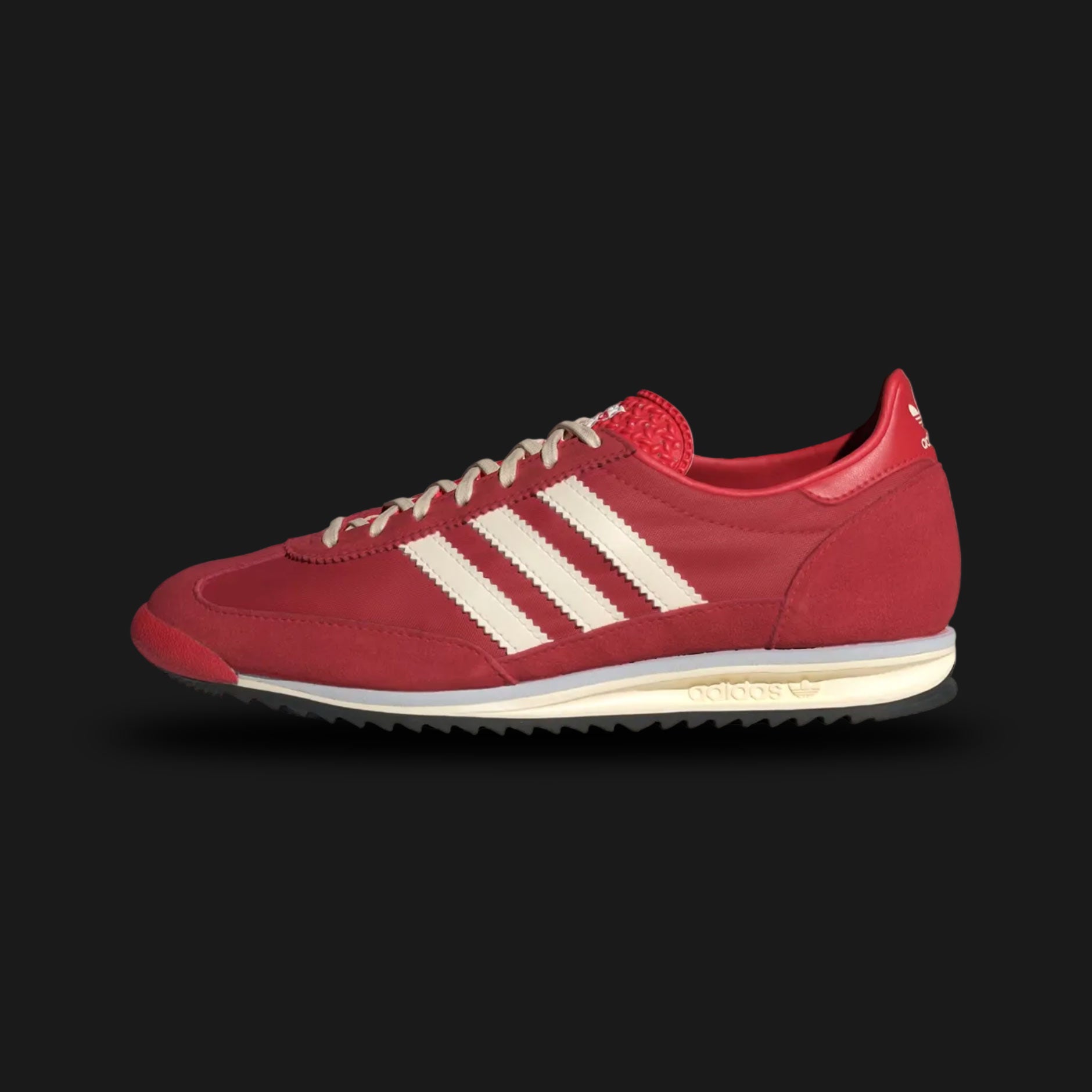 adidas SL 72 OG shoes in Better Scarlet, Cream White, and Halo Blue (Design Code: IE3475). Featuring a lightweight nylon upper in vibrant red with matching suede overlays, serrated Cream White three-stripes, and a signature Halo Blue accent stripe in the EVA midsole. Finished with a textured Ecotex tongue and a classic rubber traction outsole. Luxuntique offers 100% authentic adidas heritage sneakers at the lowest price in Sri Lanka.