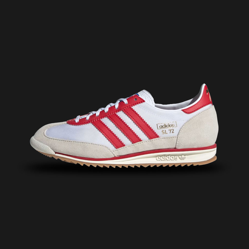 Adidas SL 72 OG shoes in Cloud White, Better Scarlet, and Alumina (JP5277). Features a 1972 running silhouette with a lightweight nylon base, premium soft suede overlays, a textured EAM tongue, and a narrow low-profile rubber outsole. Luxuntique guarantees 100% authentic footwear in Sri Lanka.
