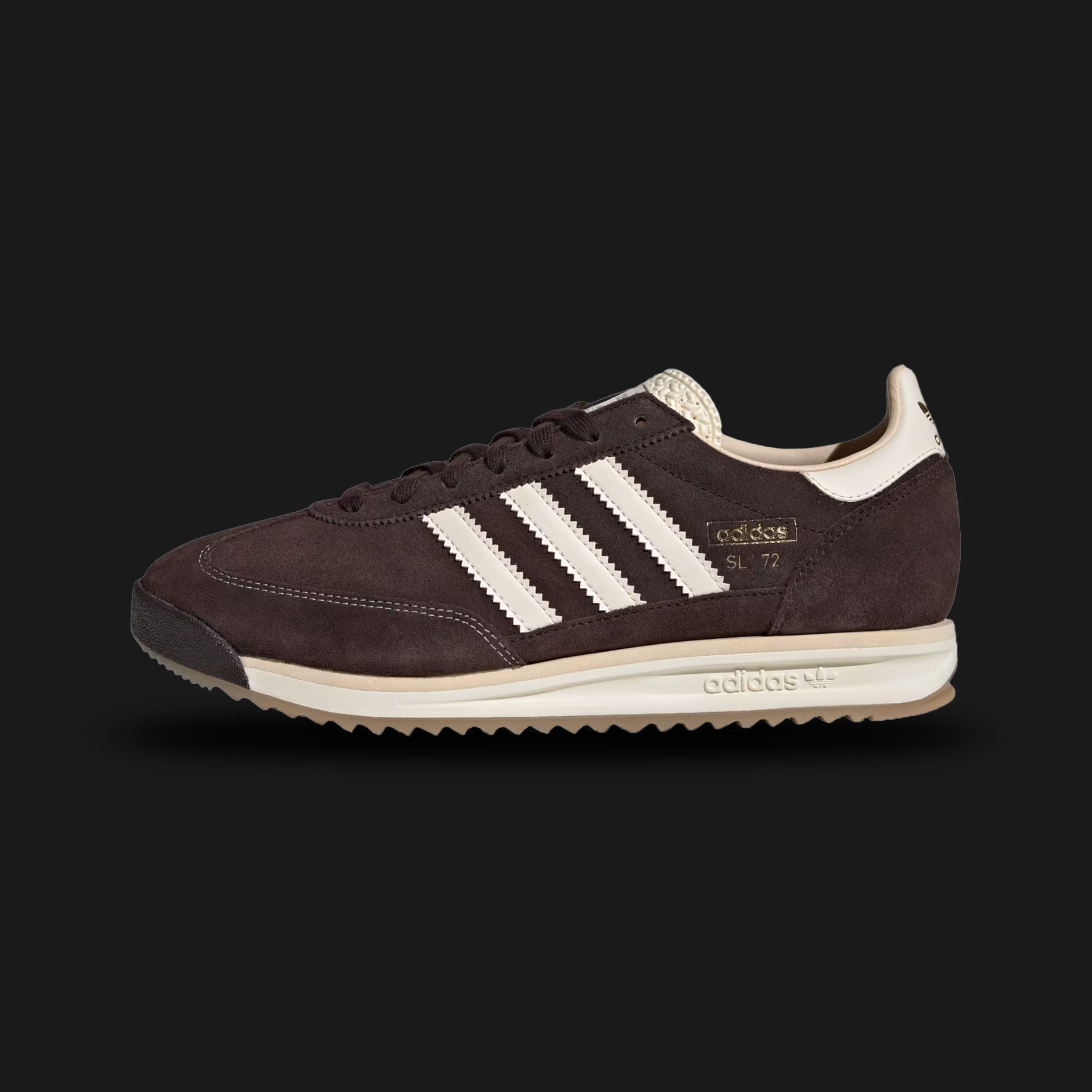 Adidas SL 72 RS in Aurora Coffee, Cream White, and Sand Strata (KK3642). Features a premium Aurora Coffee brown nylon and suede upper with Cream White Three Stripes. Reshaped EVA midsole for enhanced comfort and a signature cleated rubber outsole. Luxuntique offers 100% authentic Adidas footwear in Sri Lanka.