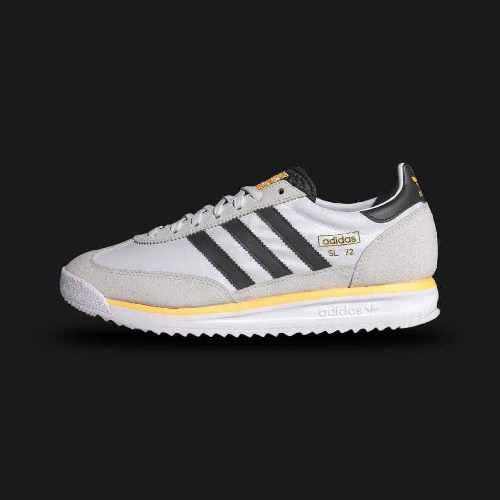 adidas SL 72 RS shoes in Cloud White, Core Black, and Spark yellow (Design Code: IH4823). Featuring a lightweight nylon and suede upper, black leather three-stripes, and a vibrant "Spark" yellow midsole accent. Includes the signature textured tongue and a durable rubber outsole with a retro traction pattern. Luxuntique offers 100% authentic adidas SL 72 sneakers at the lowest price in Sri Lanka.