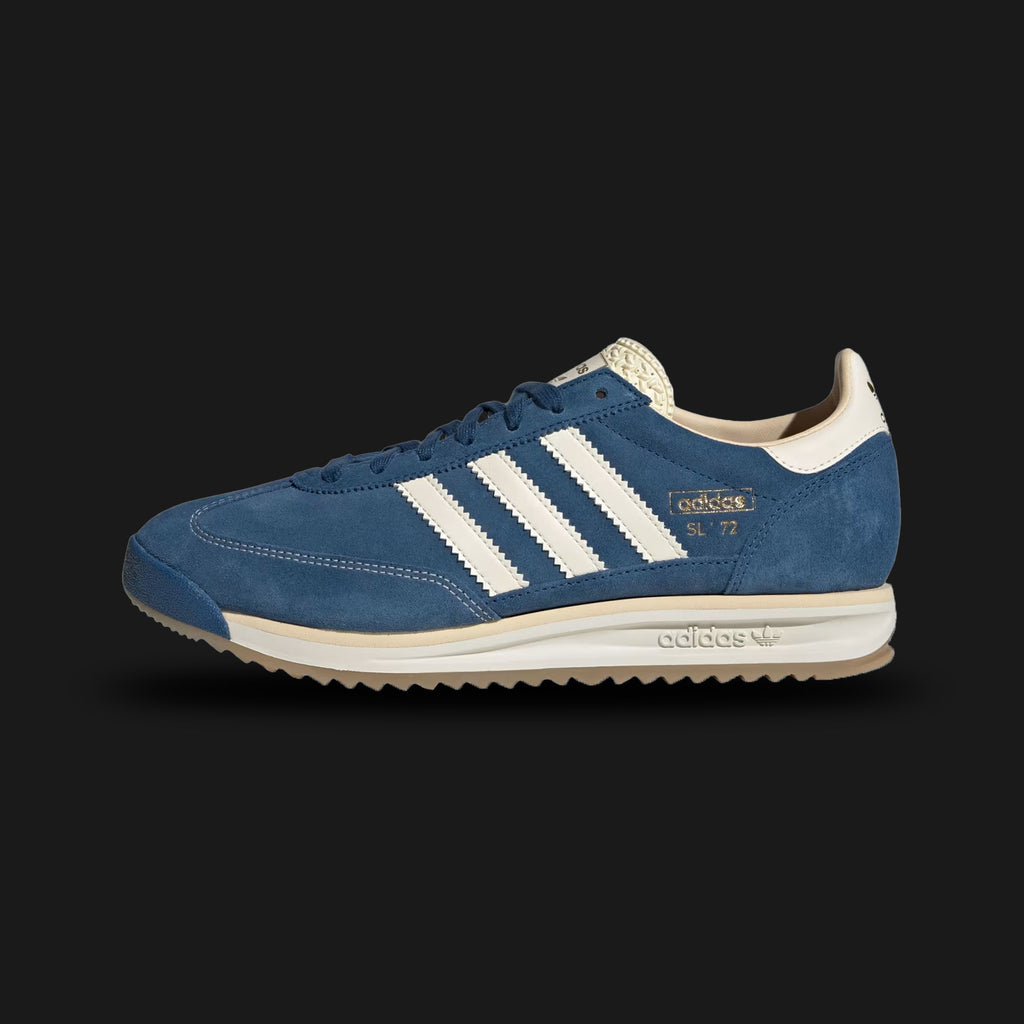 Adidas SL 72 RS in Dusky Petrol, Cream White, and Sand Strata (JQ9824). Features a vintage-inspired nylon and suede upper in muted petrol blue with cream Three Stripes and a reshaped EVA midsole for modern comfort. Finished with a signature cleated rubber outsole. Luxuntique offers 100% authentic Adidas in Sri Lanka.