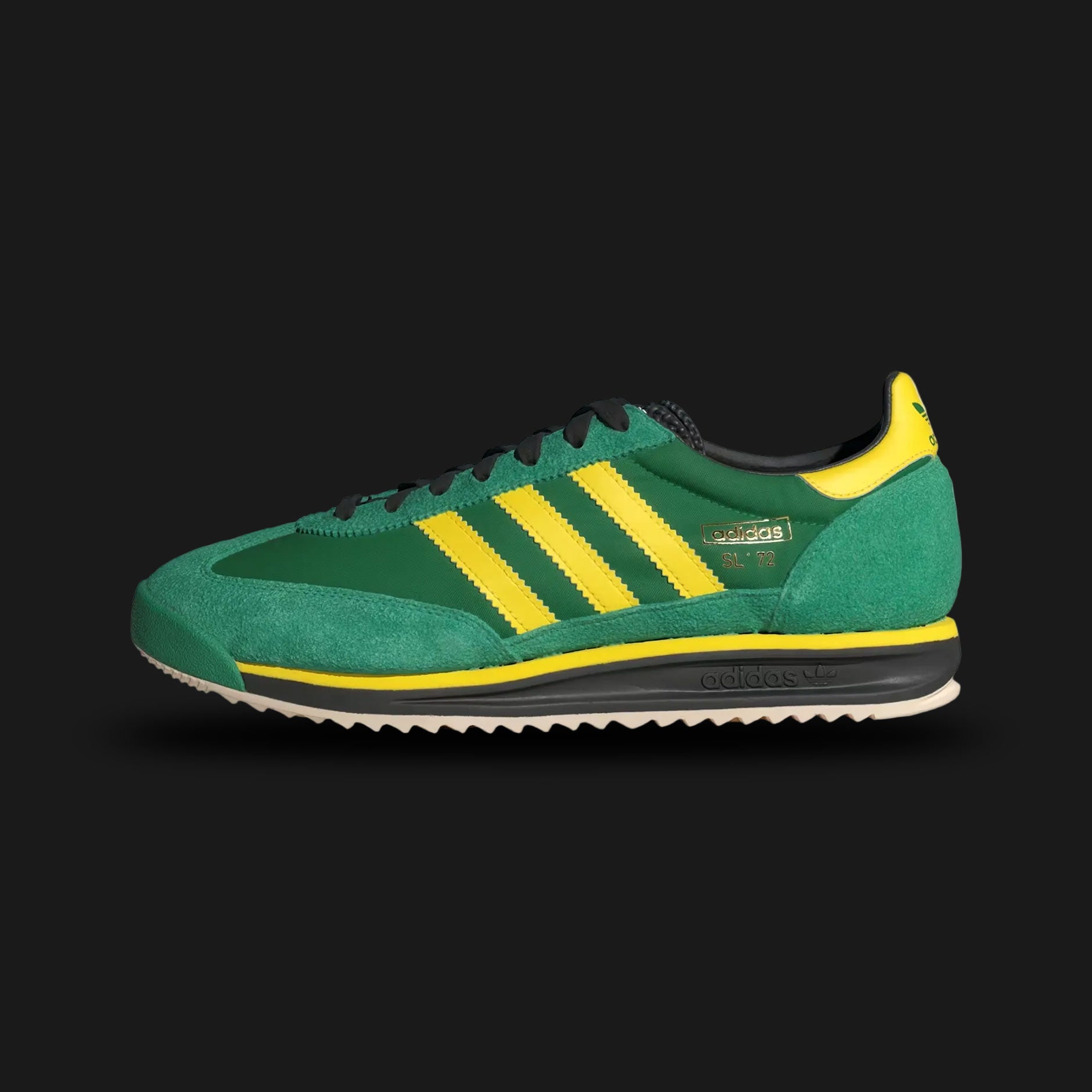 adidas SL 72 RS Jamaica shoes in Green, Yellow, and Core Black (Design Code: IG2133). Featuring a lightweight green nylon upper with matching suede overlays, vibrant yellow serrated three-stripes, and a textured Ecotex tongue. Finished with a durable black rubber outsole and a yellow midsole wedge for a retro track look. Luxuntique offers 100% authentic adidas heritage sneakers at the lowest price in Sri Lanka.