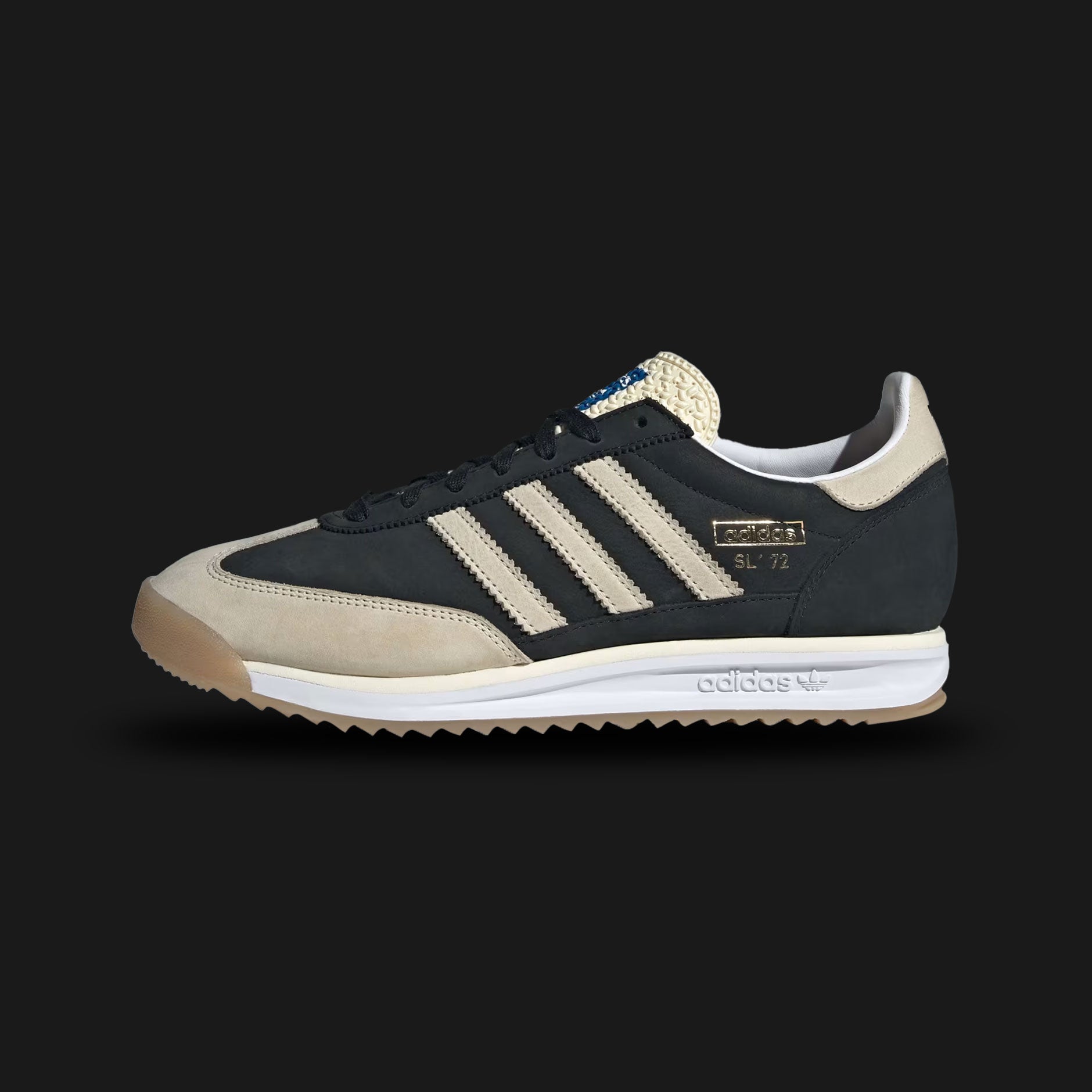Adidas SL 72 RS shoes in Core Black and Cream White (JS3994). Features a vintage nylon upper with premium suede overlays, contrasting sawtooth 3-Stripes, a cushioned EVA midsole, and an iconic gum rubber outsole. Luxuntique guarantees 100% authentic footwear.