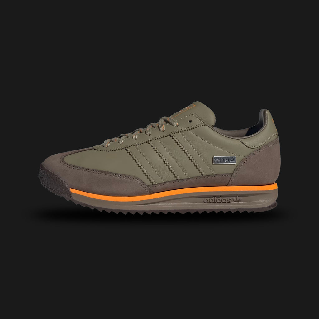 Adidas SL 72 RS shoes in Orbit Green, Cargo Brown, and Bright Orange (JR8766). Features a premium smooth leather upper with serrated leather 3-Stripes and a signature T-toe construction. Includes a metallic heel clip and a thicker EVA midsole for modern comfort. Classic ripple rubber outsole for heritage traction. Luxuntique offers 100% authentic Adidas in Sri Lanka.