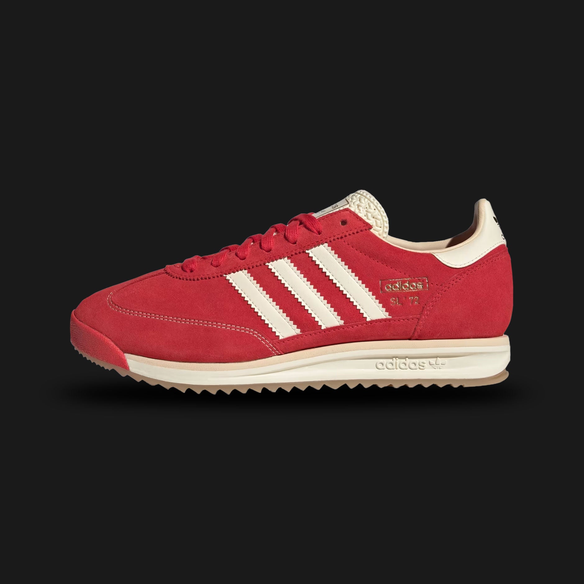 Adidas SL 72 RS shoes in Pure Ruby, Cream White, and Sand Strata (JQ9823). Features a reshaped retro nylon upper with premium suede overlays, leather Three-Stripes, an elevated EVA comfort midsole, and a rubber traction outsole. Luxuntique guarantees 100% authentic footwear.