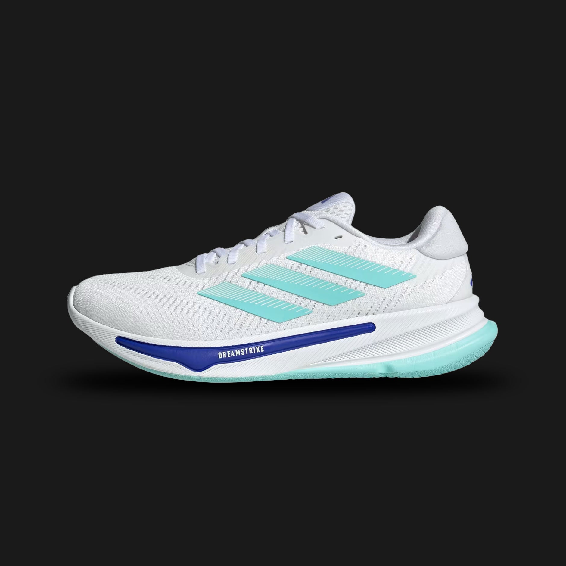 Adidas Supernova Ease shoes in Cloud White, Flash Aqua, and Lucid Blue (IF9563). Features a breathable engineered mesh upper, a lightweight and flexible midsole for responsive cushioning, and a high-grip rubber outsole. Luxuntique guarantees 100% authentic "Adidas" performance footwear in Sri Lanka.
