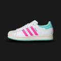 Adidas Superstar Messi shoes in Cloud White, Lucid Pink, and Flash Aqua (JR1979). Features a classic rubber shell toe, a premium leather upper with gradient neon pink and aqua Three-Stripes, Messi gold accents, and a rubber cupsole. Luxuntique guarantees 100% authentic footwear.