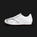 Adidas Taekwondo F50 shoes in Cloud White, Silver, and Iron Metallic (JR6404). Features a sleek Cloud White upper with metallic silver Three Stripes, inspired by F50 speed boot DNA and low-profile martial arts silhouettes. Luxuntique offers 100% authentic Adidas in Sri Lanka.