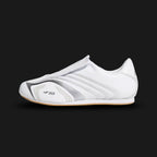 Adidas Taekwondo F50 shoes in Cloud White, Silver, and Iron Metallic (JR6404). Features a sleek Cloud White upper with metallic silver Three Stripes, inspired by F50 speed boot DNA and low-profile martial arts silhouettes. Luxuntique offers 100% authentic Adidas in Sri Lanka.