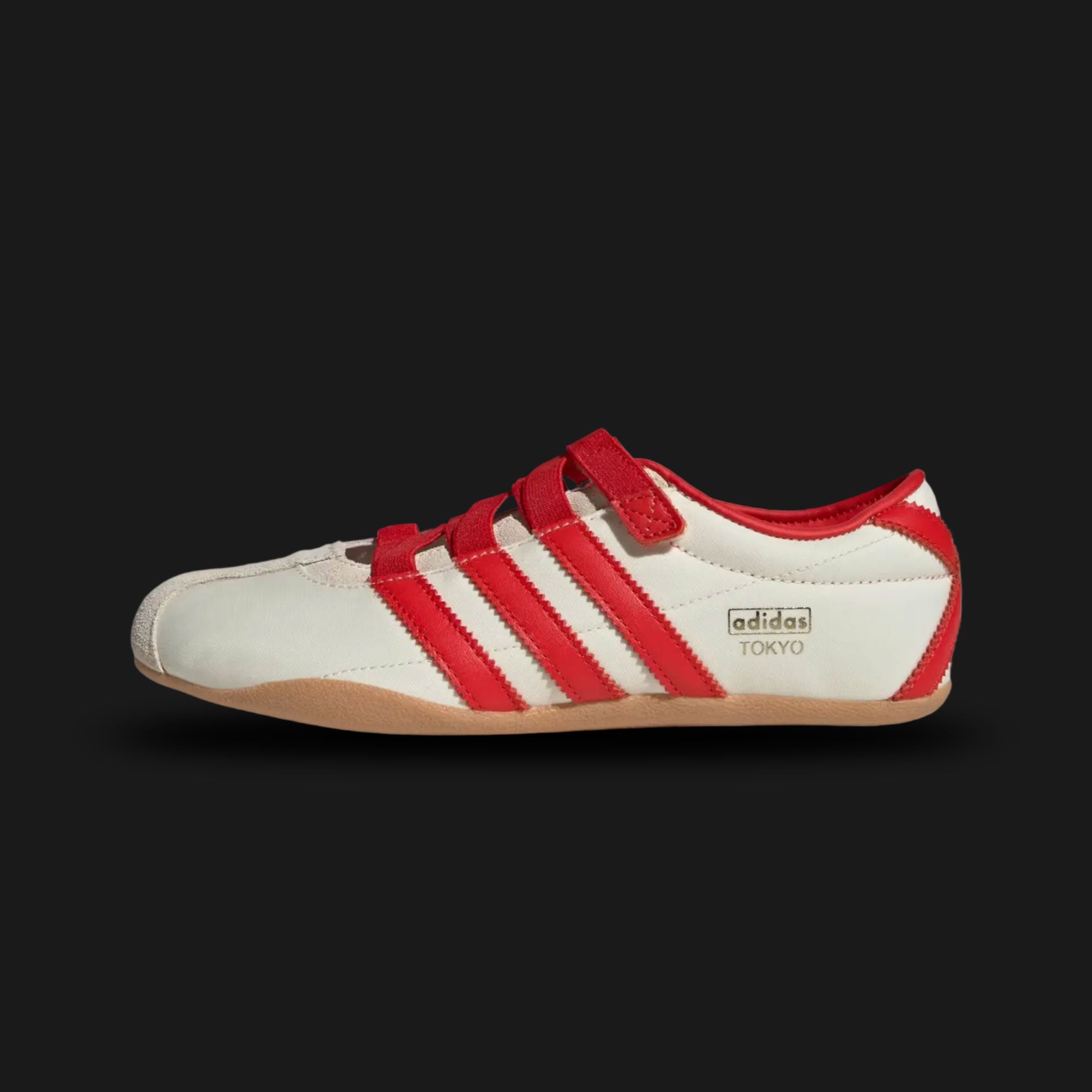 Adidas Tokyo MJ shoes in Cream White, Red, and Gold Metallic (IH3999). Features a premium cream white leather upper with vibrant red Three Stripes and metallic gold "Tokyo" branding. Sleek, retro-minimalist low-profile design with a thin rubber outsole. Luxuntique offers 100% authentic Adidas in Sri Lanka.