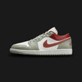 Air Jordan 1 Low lifestyle sneakers in Sail, Pure Platinum, Summit White, and Jade Horizon (Design Code: 553558-133). Featuring a premium leather upper with a crisp Summit White and creamy Sail base, beautifully contrasted by soft Jade Horizon green overlays and a Pure Platinum Swoosh. Built on a classic rubber cupsole with encapsulated Air-Sole cushioning. Luxuntique offers 100% authentic Air Jordan footwear at the lowest price in Sri Lanka.