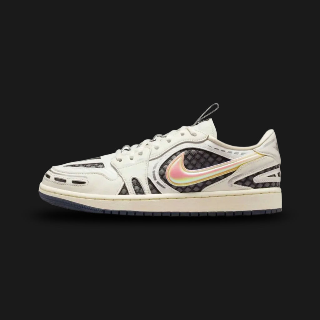 Air Jordan 1 Low Method of Make luxury lifestyle shoes in Sail, Coconut Milk, Anthracite, and Metallic Silver (Design Code: HQ2186-100). Featuring a premium, crafted leather upper blending warm Sail and Coconut Milk tones, highlighted by exaggerated proportions and elevated stitching. Accented with stealthy Anthracite details and shining Metallic Silver hardware on the branding, all resting on a classic Sail rubber cupsole with Air cushioning. Luxuntique offers 100% authentic Air Jordan sneakers at the lowe