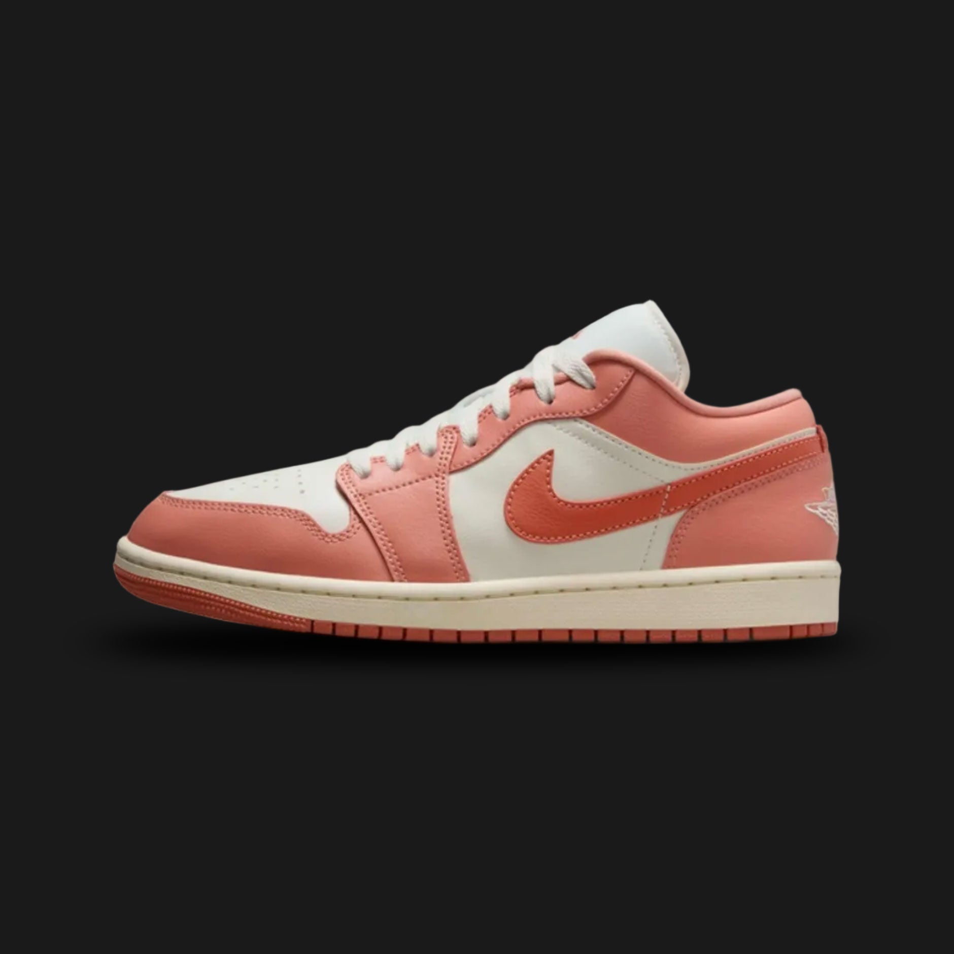 Air Jordan 1 Low women's lifestyle sneakers in Sail, Light Madder Root, Pale Ivory, and Madder Root (Design Code: DC0774-180). Featuring a smooth, off-white Sail and Pale Ivory leather base paired with muted coral Light Madder Root leather overlays. Accented by a slightly deeper Madder Root pink Swoosh and classic Jordan Wings logo on the heel. Resting on a vintage-inspired Sail foam midsole and a matching coral rubber outsole. Luxuntique offers 100% authentic Air Jordan footwear at the lowest price in Sri 