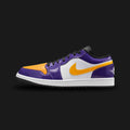 Air Jordan 1 Low SE shoes in Court Purple, White, Black, and University Gold (IQ9389-547). Features a premium leather upper, classic encapsulated Air-Sole cushioning, embroidered Jumpman, and a durable rubber traction cupsole. Luxuntique guarantees 100% authentic footwear.