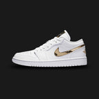 Air Jordan 1 Low SE shoes in White and Metallic Gold (CZ4776-100). Features a premium leather upper, striking metallic gold patent leather overlays, encapsulated Air-Sole cushioning, and an all-white rubber cupsole. Luxuntique guarantees 100% authentic footwear.