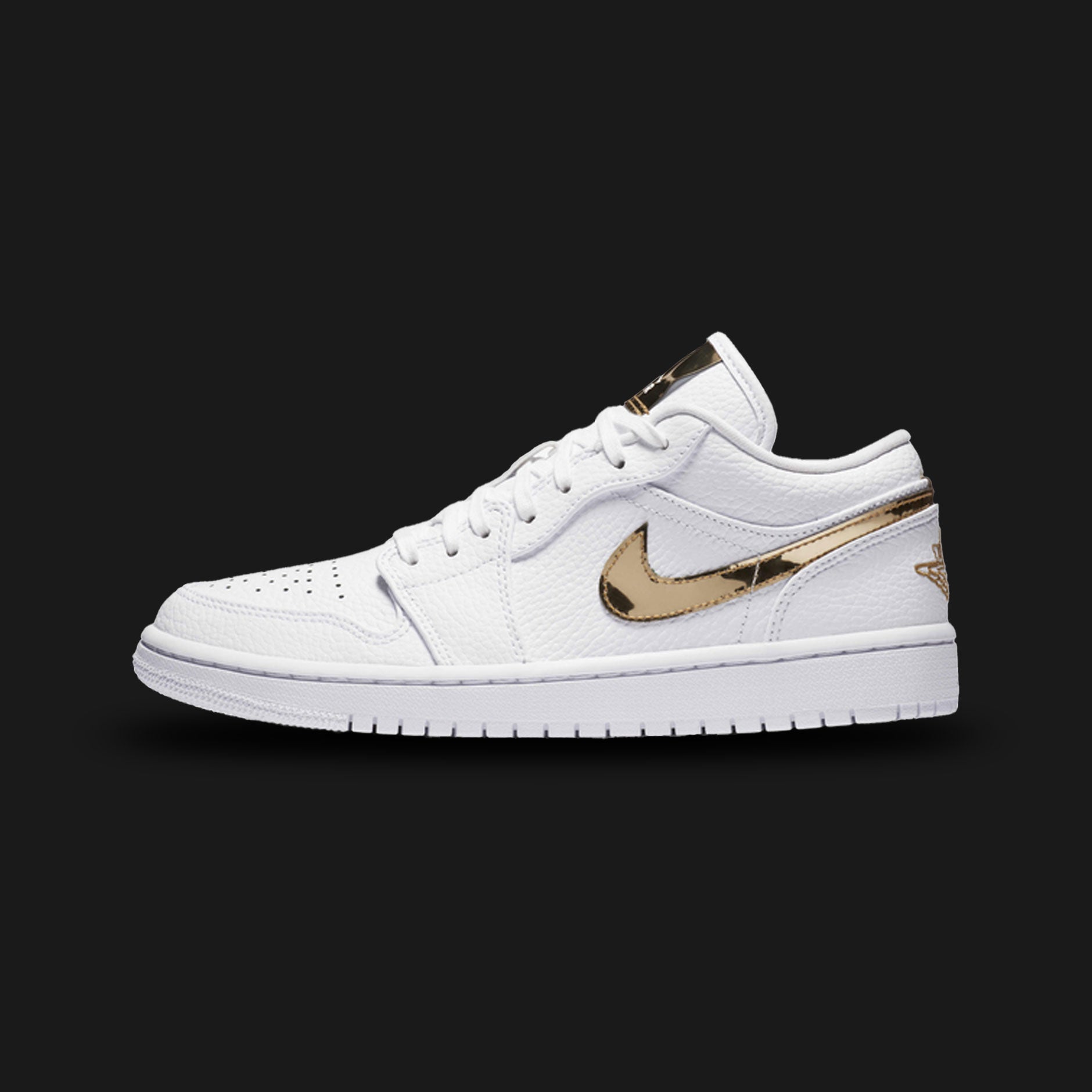 Air Jordan 1 Low SE shoes in White and Metallic Gold (CZ4776-100). Features a premium leather upper, striking metallic gold patent leather overlays, encapsulated Air-Sole cushioning, and an all-white rubber cupsole. Luxuntique guarantees 100% authentic footwear.