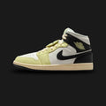 Air Jordan 1 Mid SE shoes in Sail, Anthracite, and Luminous Green (HQ3008-130). Features a premium mixed-material upper with a creamy Sail base and dark Anthracite overlays. Accented by high-voltage Luminous Green details on the Swoosh and Wings logo. Includes a classic white midsole with an encapsulated Nike Air cushioning unit and a durable rubber outsole. Luxuntique guarantees 100% authentic Jordan Brand footwear in Sri Lanka.