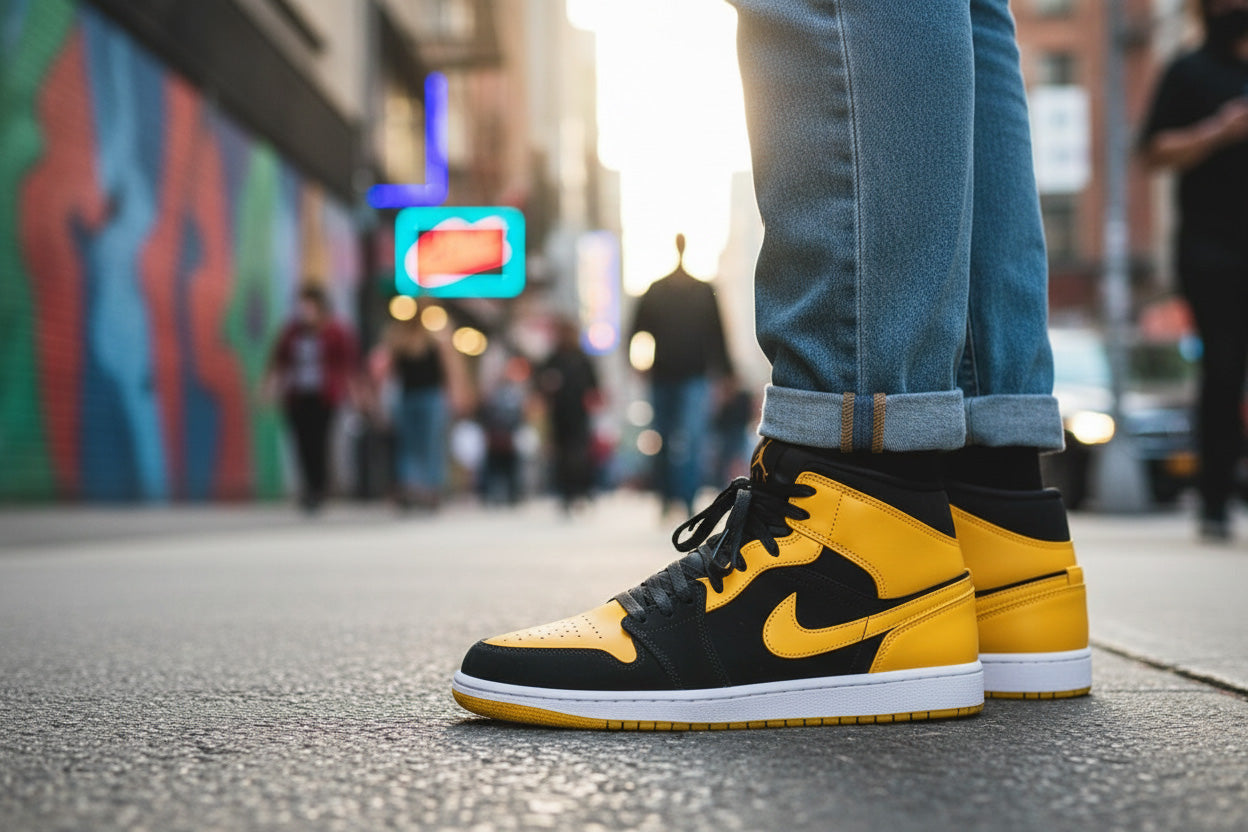 On-feet street style look at Air Jordan 1 Mid Yellow and Black sneakers. Luxuntique offers authentic Nike Jordans in Sri Lanka at the lowest prices.