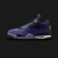 Air Jordan 4 Retro Imperial Purple in Imperial Purple and Multi-Colour (FV5029-500). Features a premium deep indigo-purple nubuck upper with classic breathable mesh netting and signature black TPU support wings. Includes vibrant yellow-gold Jumpman accents, a two-tone black and white midsole with a visible Air-Sole cushioning unit, and a durable rubber outsole. Luxuntique offers 100% authentic Jordan Brand footwear in Sri Lanka.