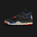 Air Jordan 4 Retro "Rare Air" shoes in Black, Deep Royal Blue, and Dark Smoke Grey (Design Code: FV5029-003). Featuring a premium black nubuck upper with the signature removable Velcro tongue patch revealing "Rare Air" branding. Finished with iconic "Nike Air" logos on the heel and vibrant Fire Red and Deep Royal Blue accents. Luxuntique offers 100% authentic limited edition Air Jordan 4 sneakers at the lowest price in Sri Lanka.